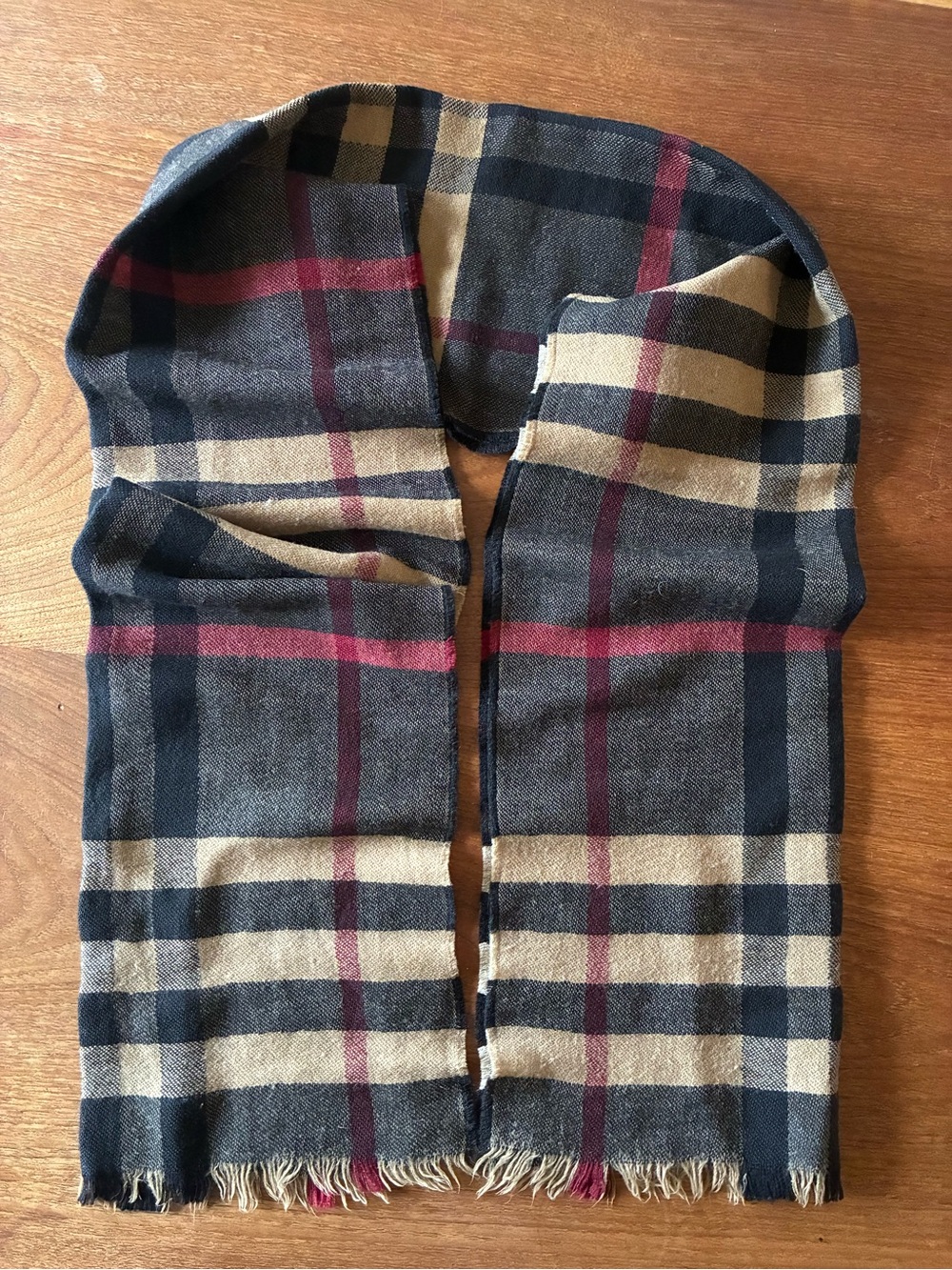 Burberry black, Camel & Burgundy Plaid Scarf